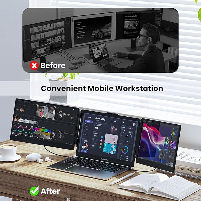 Laptop Screen Extender Kwumsy S2 Triple Monitor Extender Ultra Slim 14" 1080P FHD IPS Portable Monitor for Laptop with Stand Compatible with Mac Windows Linux Switch PS4/5