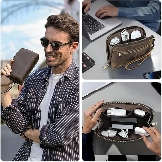 Electronic Organizer Zipper Bag Tech Pouch, Top Grain Leather Handmade, Portable Compact Travel Storage Cases Fits Apple Accessories, Phone, USB Cables, Power Banks, Chargers, Hard Drive