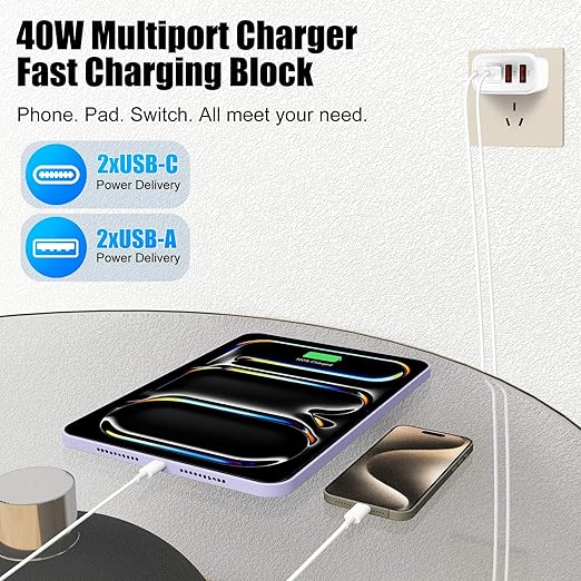 USB Type C Charger for iPhone 16 Pro,40W Multiport Type C Charger Fast Charging,2Pack 4 Port USB C Wall Charger 10FT USBC Chargers Cord for iPhone 16/16 Pro/16 ProMax/16e/15/15 ProMax/15 Plus,iPad Pro