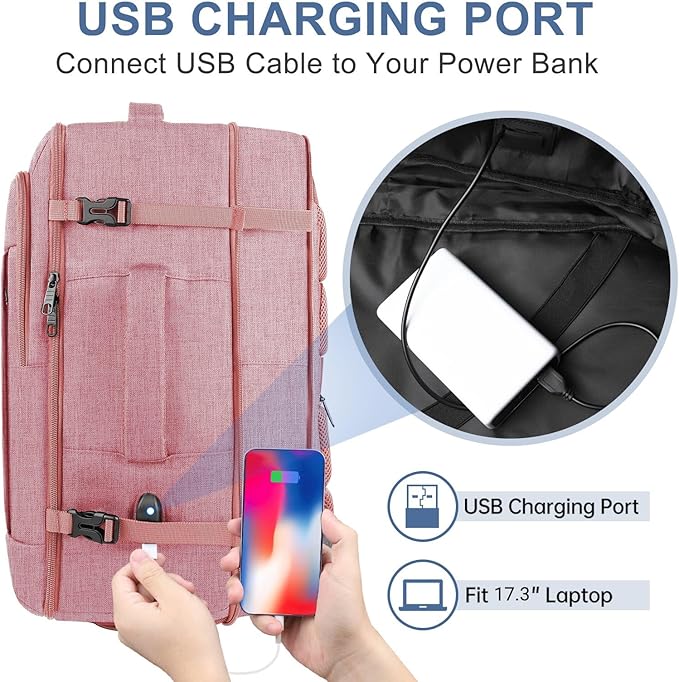 Carry On Backpack for Women, 50L Travel Backpack Flight Approved, Expandable Backpack For Airplanes, 17 Inch Laptop Backpack, Luggage Suitcase Daypack Lightweight Business Weekender Bag, Pink