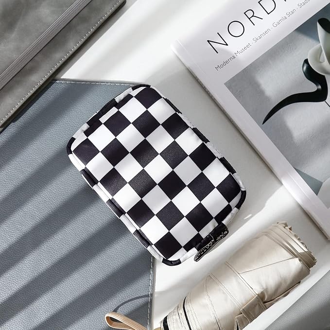 E-Tree Cute Small Makeup Bag, Cosmetic Toiletry Skin Care Make up Little Items Pouch for Purse,Zipper Mini Tech Charger Cable Electronic Organizer Case,Travel Accessories for Women Men Teen,Checkered