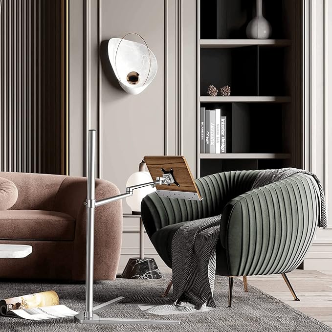 Shikha Book Stand for Reading, Hands-Free Holder for Laptop Phone Tablet with Wooden Pad, Rotated and Liftted Metal Support, 2 Spring Clips.