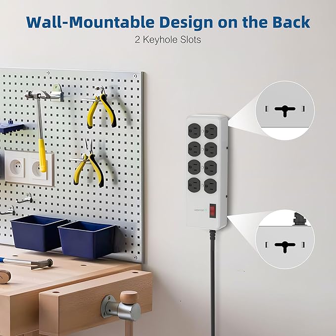 Heavy Duty Power Strip,Industrial Heavy Metal Case Surge Protector,8 AC Outlets,15Amp,2700 Joules,Protected' Indicator,14 Gauge Cord (Grey, 15FT Length)