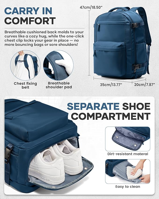 Vacuum Travel Backpack with Pump for Women,Personal Item Carry on Backpacks Flight Approved 18x14x8 inches for Men,Laptop Waterproof Work Compression bags Casual Daypack. Blue