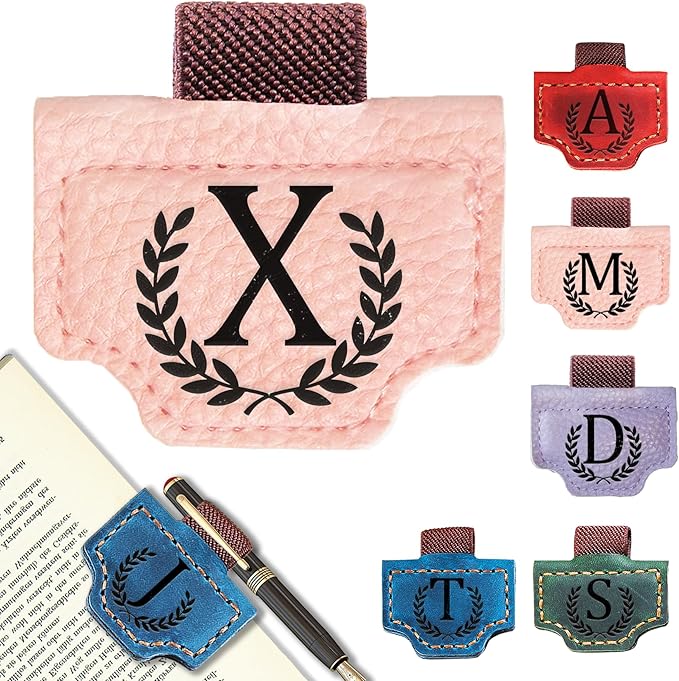 Personalized Bygone Mark Bookmark with Pen Holder, Leather Magnetic Bookmark 26 Letters Name Initial Bookmarks for Readers, Book Lover Gifts for Women Men Notebook Accessories (Pink, X)