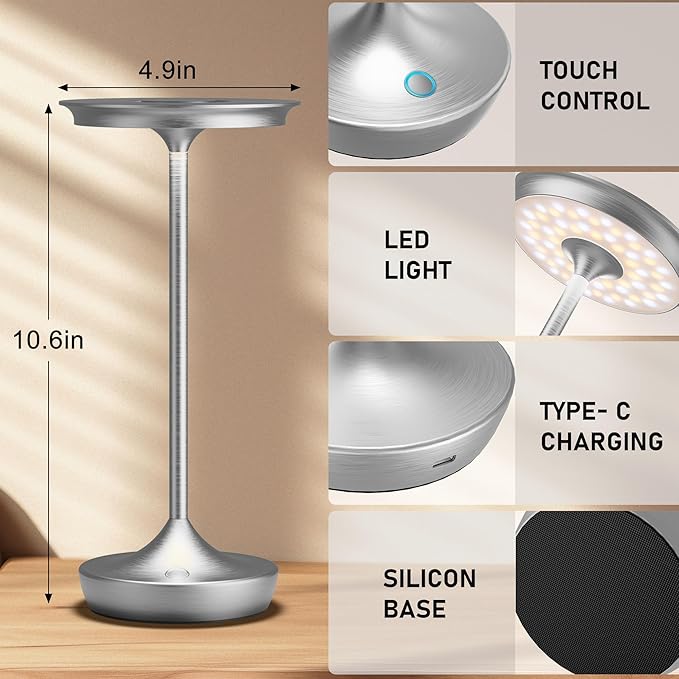 LED Cordless Table Lamp Rechargeable - Outdoor 6000mAh Battery Operated Portable Table Lights 3 Color Stepless Dimming Table Lamps with Memory Function for Patio Restaurant Dining Silver