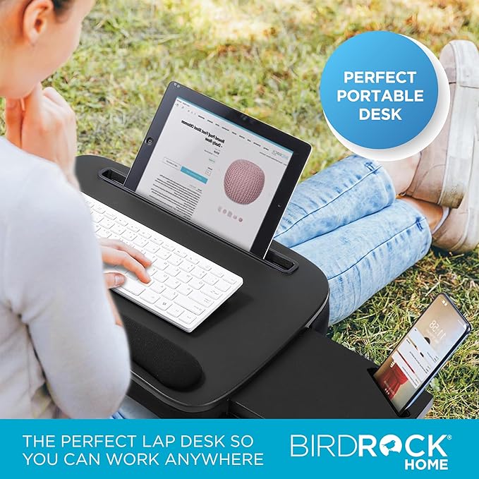 SOFIA + SAM Multi-Tasking Lap Desk with Memory Foam Cushion & Wrist Rest - Portable Computer Bed Tray - Fits Laptops Up to 15", Tablets Up to 9.6", Smartphones Up to 3.5" - Black Top