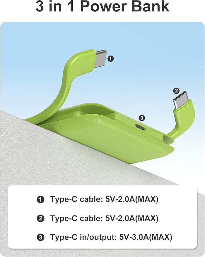 miisso 10000mAh Slim Portable Charger with Built in Cable, Power Bank Travel Charger External Battery Pack for Phone, 3 Output USB Type C Cord Clutch Charger Compatible with iPhone, Green