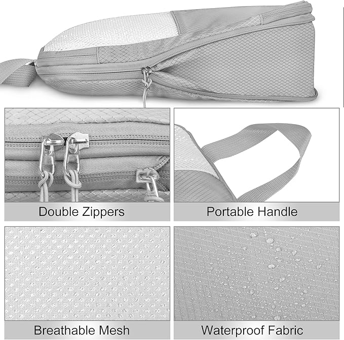 8 Set Compression Packing Cubes for Travel, Expandable Waterproof Travel Organizer, Lightweight Luggage Organizer with Shoes & Laundry Bags, Travel Accessories for Men Women, Grey