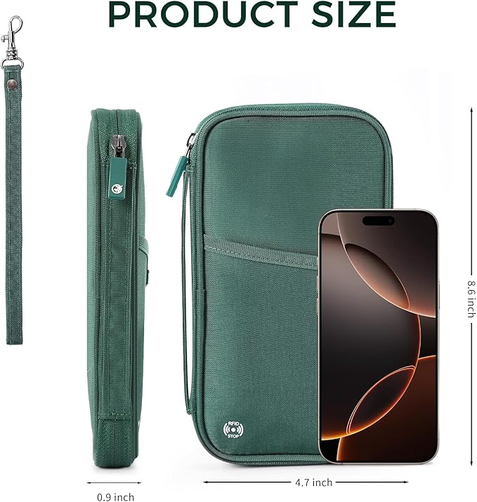 Travel Passport Holder, Large Family Passport Walle for Men Women RFID Passport Cover Lightweight Portable Document Organizer with Wrist Strap (Green)