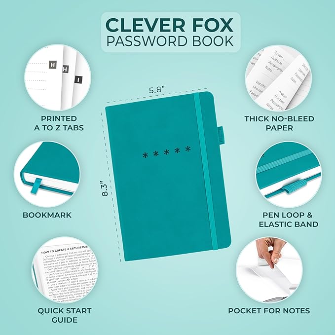 Clever Fox Password Book – Alphabetized Internet Address & Password Organizer – Computer & Website Password Keeper Notebook – Log-In Password Journal - Medium, A5, 8.3x5.8″, Hardcover (Turquoise)