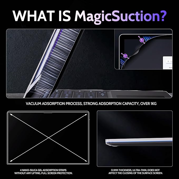 Privacy Screen for 15 Inch Surface Laptop 6/5/4/3/2/1, MagicSuction™ Removable Anti Spy Black Protector, Glare Blue Light Filter for Microsoft Laptop Computer Monitor