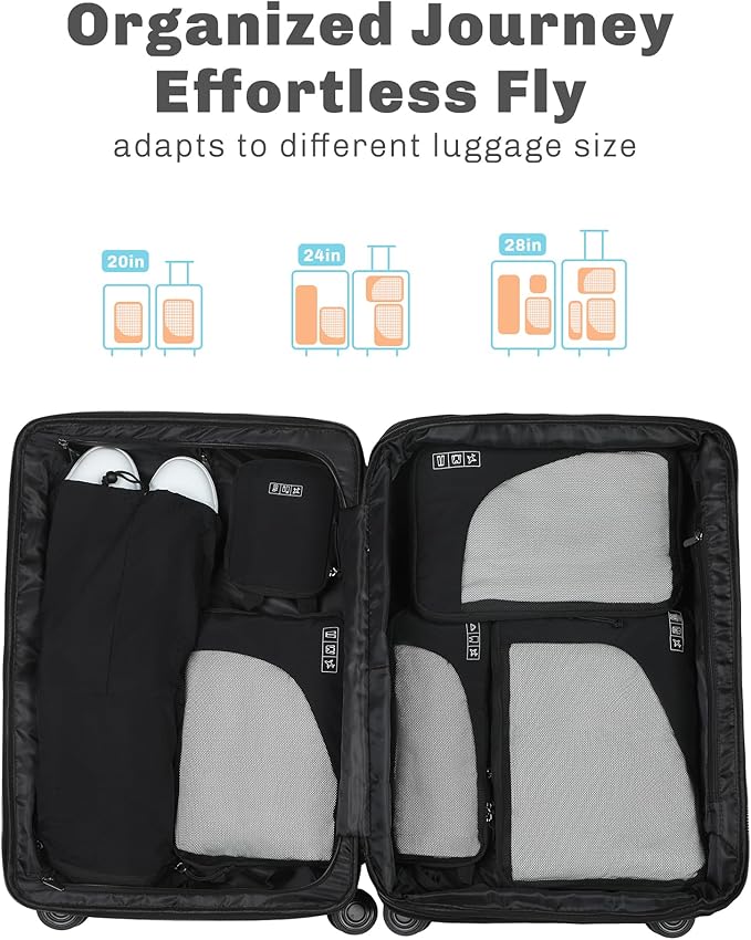 Hynes Eagle 6 Set/ 4 Set/ 2 Set Compression Packing Cubes Travel Essentials Lightweight Nylon Luggage Suitcase Organizer Bag Black 6PCS