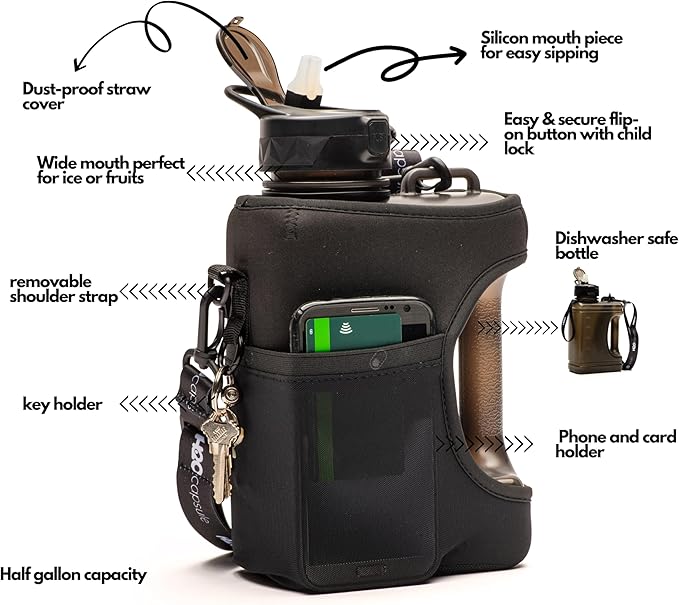 H2O Capsule Half Gallon Cube Square Water Bottle value pack - 2.2L Water Bottle with Strap, 2 Storage Sleeves, Straw Lid – BPA Free Reusable Sports Water Jug with Handle, (68 Ounce)