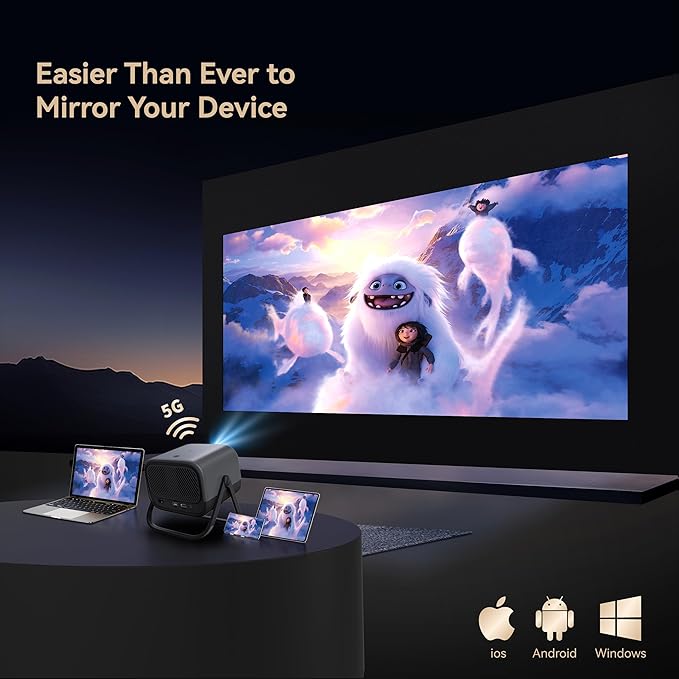 Electric Focus&360°Adjustable Stand-1080P Phone Projector with WiFi and Two-way Bluetooth,MEER 2025 Latest Upgraded Auto Keystone Ceiling Projector, Home Movie Proyector for iPhone/TV Stick/Laptop