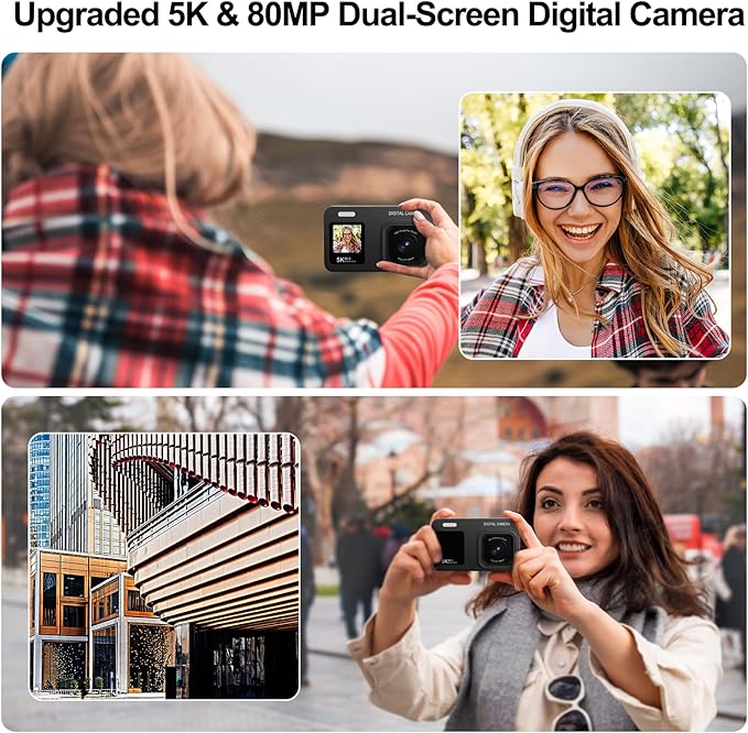 Upgraded 5K Dual Screen Digital Camera,80MP Vlog Photography Camera for YouTube,Campus,Travel,Compact Point & Shoot Camera for Teens & Beginners with Autofocus,18x Zoom,Anti-Shake,Black
