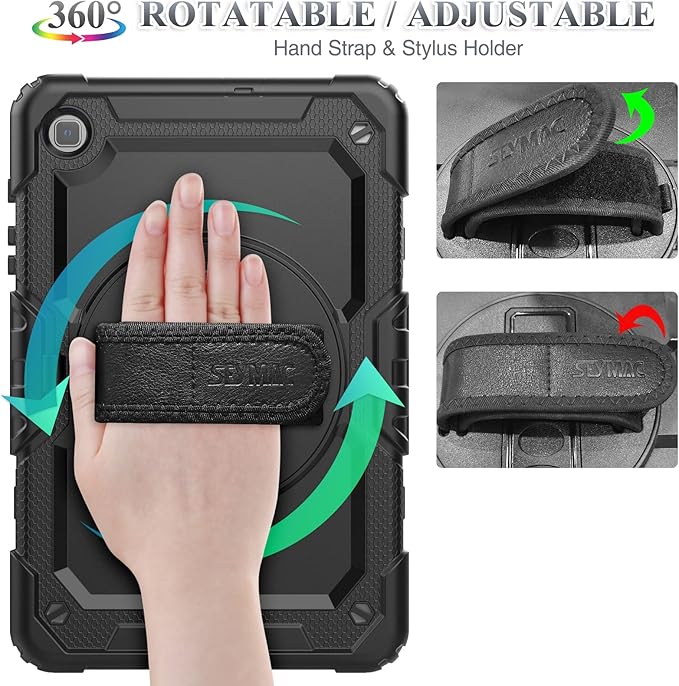 SEYMAC stock Case for Samsung Galaxy Tab S6 Lite 10.4’’ (2024-2020) with Screen Protector Pencil Holder [360° Rotating Hand Strap] &Stand, Drop-Proof Case for Galaxy Tab S6 Lite Tablet, All Black