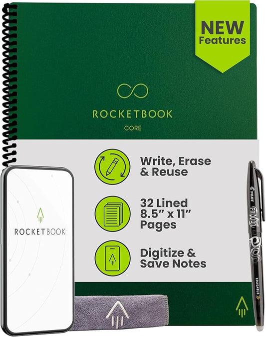 Rocketbook New Core Reusable Spiral Notebook, Letter Size 8.5x11, Green - Lined Pages, App-Connected, Erasable, Durable Cover, Ideal for School, Work, and Creative Projects