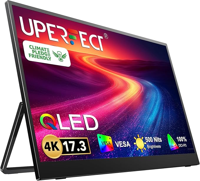 UPERFECT 17.3'' 4K Portable Monitor QLED, 500 Nits 100% DCI-P3 UHD FreeSync HDR 2 Speakers Eye Care Travel Monitor, 2 Fully Functional Type-C Port & HDMI for Laptop PC Phone, VESA & Kickstand