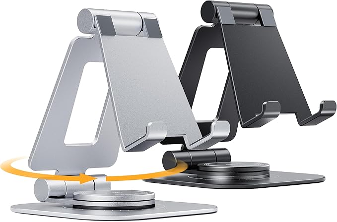 Nulaxy 2-Pack 360 Rotating Phone Stand, Fully Adjustable Foldable Phone Holder, Aluminum Desktop Cradle with Swivel Anti-Slip Base, Office Accessories Dock for All Phones, Black & Silver