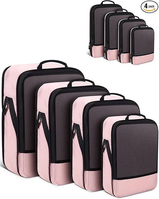 4 PCS Set Compression Packing Cubes for Travel, Lightweight Packaging Organizer Bags for Carry On Space Saving, Travel Essentials Cubes for Suitcase Backpack, Pink