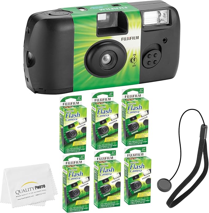 Fujifilm QuickSnap Flash 400 Disposable 35mm Camera + Hand Strap + Quality Photo Microfiber Cloth (6 Pack)