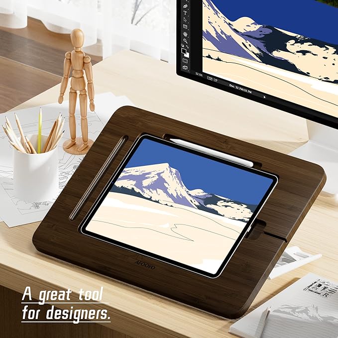 Bamboo Tablet Stand - Portable & Adjustable 5 Angles,Laptop Riser,Book Reading Stand,Compatible with 9.7/10.2/10.5/10.9/11 inches (Walnut Varnish)