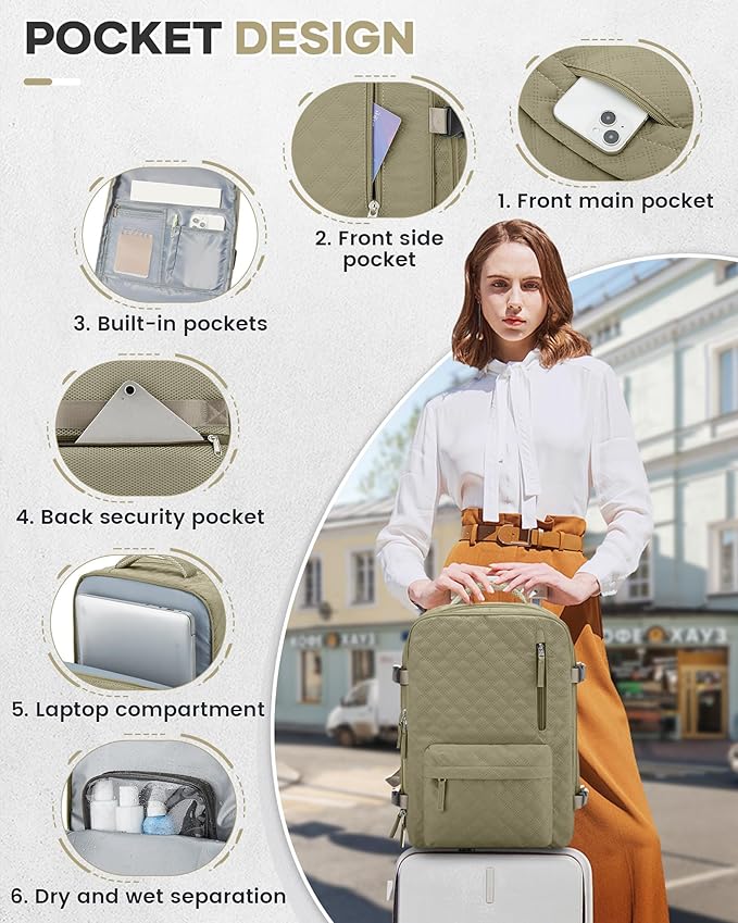 Vacuum Travel Backpack with Pump for Women,Personal Item Carry on Backpacks Flight Approved 18x14x8 inches for Men,Laptop Waterproof Work Compression bags Casual Daypack Khaki.