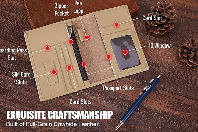 STAR VISTA Phoenix Leather Passport Holder, Calfskin Travel Wallet - RFID Blocking, ID Window, Zipper Pocket, Pen & Notebook Included, Ivory