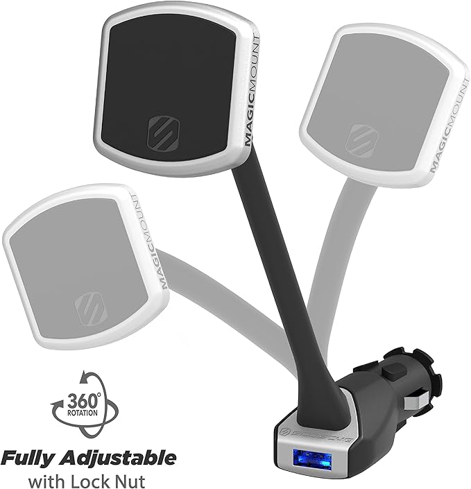 Scosche MP12V MagicMount Pro Magnetic Phone/GPS Car Mount 12W USB-A Power Outlet Cell Phone Charger, Cigarette Lighter Phone Holder, Compatible with Apple iPhone & More, Black/Silver