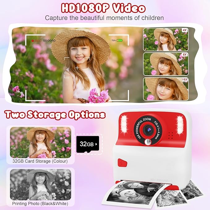 Kids Instant Print Camera, Portable Toys Camera for Toddler, Print Black & White Photos Instantly, Ideal Birthday for Boys & Girls Ages 3–12 (White&Red)