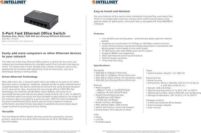 Intellinet 5-Port Fast Ethernet Network Switch - Ethernet Splitter - Unmanaged | Plug & Plug | Durable Metal Housing - for Computer Networking Hub, Desktop – 3 Yr Mfg Warranty – 523301