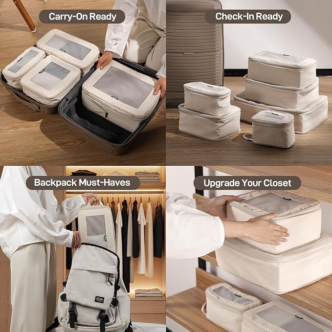 EPICKA TripCozy Compression Packing Cubes - 6 Set Durable Travel Organizer Bags with Mesh Top, Expandable Travel Accessories for Carry on, Luggage, Suitcase, Backpack (Beige)
