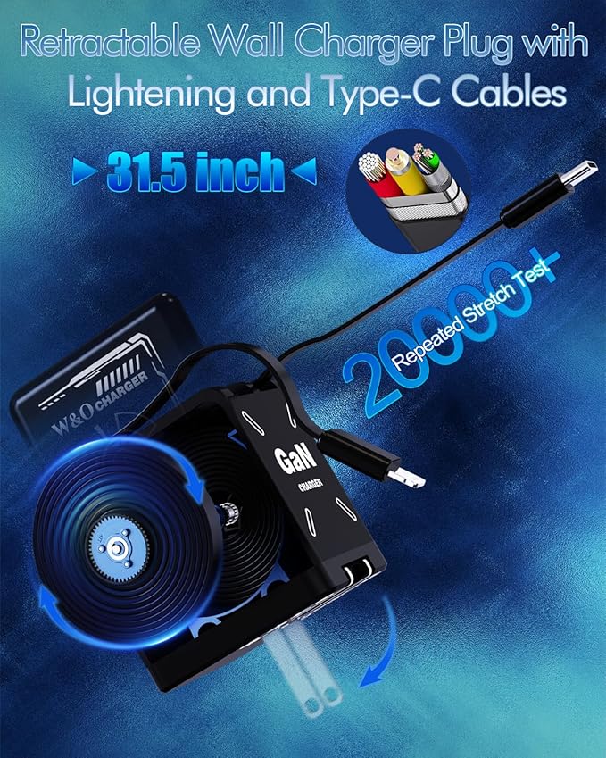 W & O 45W GaN Charger Fast Charger,Retractable Phone Charger Wall Plug with Lightening and Type-C Cables,for iPhone16/15/14/13/12/11 Series, Galaxy S25/24,Android and More（Black）