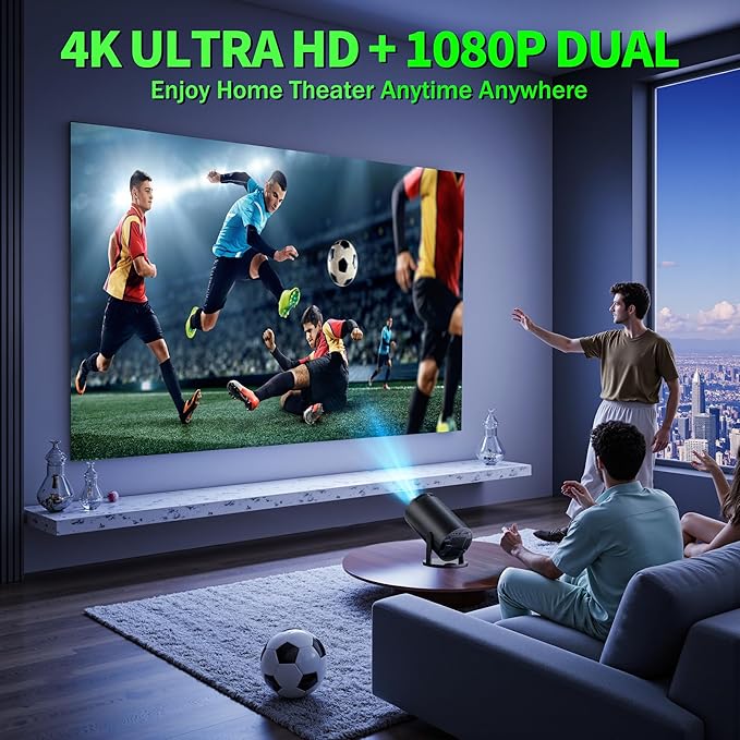 【Built-in Apps】Mini Projector 1080P, 4K Projector Full HD with WIFI 6 and Bluetooth 5.2, Support 270° Rotatable Portable Projector with Auto Keystone Correction,Compatible with Phone/HDMI/USB - Black