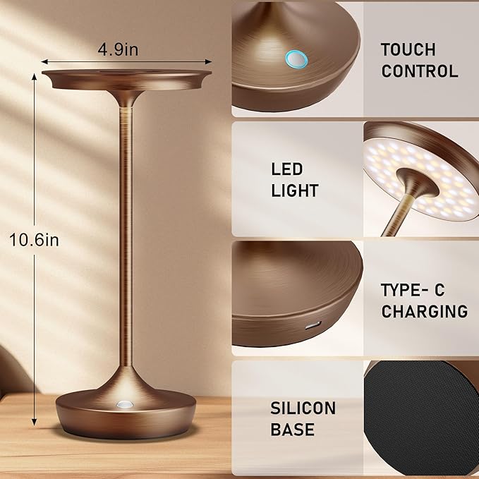 LED Cordless Table Lamp Rechargeable - Outdoor 6000mAh Battery Operated Portable Table Lights 3 Color Stepless Dimming Table Lamps with Memory Function for Patio Restaurant Dining Moka