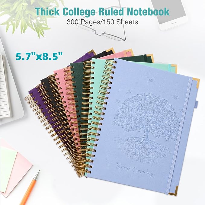 Spiral Notebook, College Ruled Notebook, A5, 300 Page Leather Journals for Writing, 5.7" x 8.5", Hardcover Journaling Notebooks for Work School, 24pcs Tab, Large Embossed Journal for Women Men, Green2