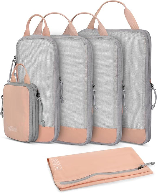 Hynes Eagle 6 Set/ 4 Set/ 2 Set Compression Packing Cubes Travel Essentials Lightweight Nylon Luggage Suitcase Organizer Bag Light Pink 6PCS