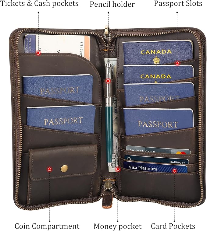 Polare Full Grain Leather Family Passport Holder Travel Documents Organizer RFID Blocking Wallet with Coin Pouch and AirTag Slot Fits 6 Passports