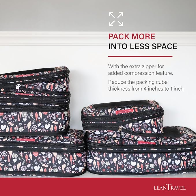 LeanTravel Compression Packing Cubes for Travel Organizers with Double Zipper (6-Pack (2L+2M+2S), Flowers & Leaves)