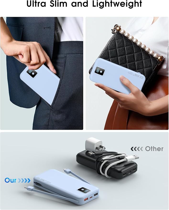 Portable Charger, 12000mAh 22.5W Fast Charging Power Bank with Built-in Cables & Wall Plug, Travel Essential Battery Pack with LED Display, USB C Battery Phone Charger for iPhone, iPad, Samsung Blue