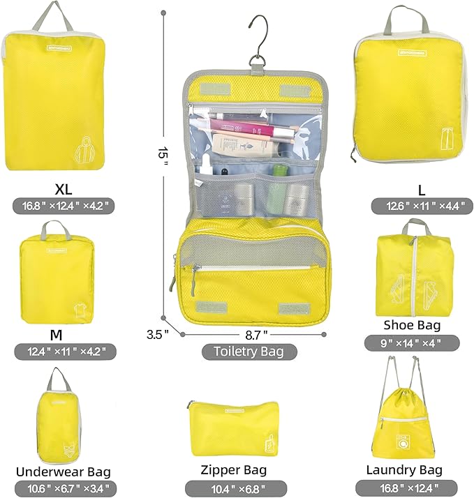8 Set Expandable Compression Packing Cubes for Suitcases Travel Essentials Carry On Waterproof Storage Bag With Dry And Wet Separation Yellow