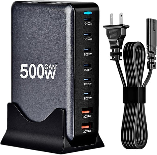 500W USB C Fast Charger Block, 8 Port USB Charging Station, GAN3 Multi Device Fast Charging Station for iPhone, Samsung, MacBook, Dell and More Smartphones, Home Office Use