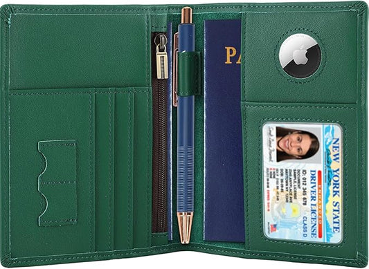 STAR VISTA Phoenix Leather Passport Holder, Calfskin Leather Travel Wallet - RFID Blocking, ID Window, Zipper Pocket, Pen & Notebook Included, AirTag Holder, Mint