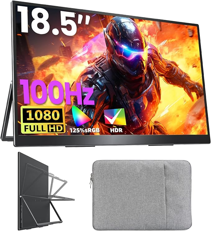 Large Portable Monitor 18.5 inch 1080P FHD 100Hz 125% sRGB HDMI USB-C Portable Computer Monitor for Laptop MacBook Xbox PS4/5, Travel External Monitor with Kickstand, VESA Compatible