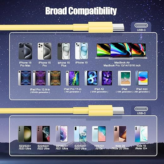 3-Pack Yellow [3.3FT+6.6FT+10FT] 60W USB C to USB C Cable, Type C Fast Charging Cable for iPhone Air 17 16e 16 15 Pro Plus Pro Max，for Galaxy S25, for iPad Pro/Air/mini, for MacBook Pro/Air and More