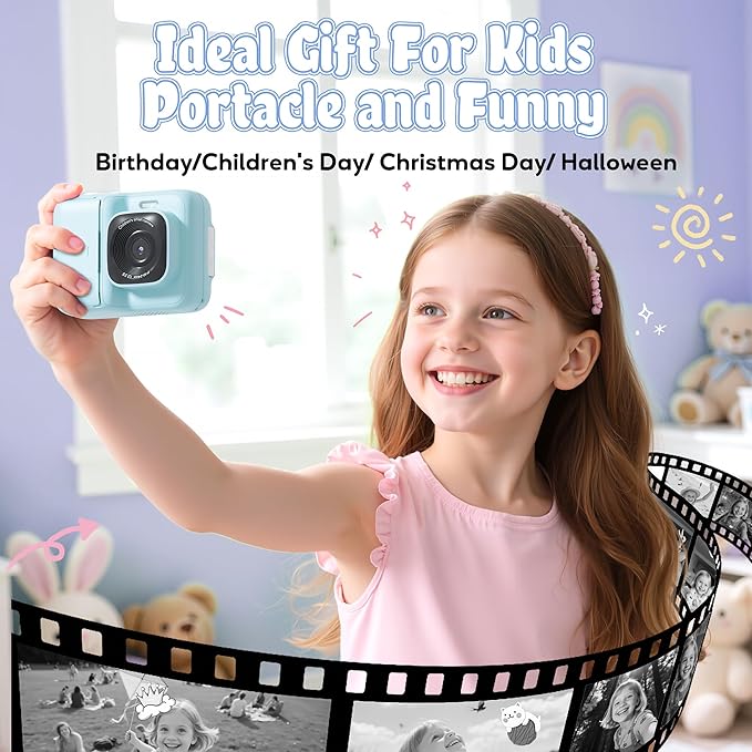 Kids Camera, 1080P Instant Digital Print Camera for Kids, Christmas Birthday Gifts for 4 5 6 7 8 9 10 Year Old Girls Boys, Portable Toy with 32GB SD Card & 3 Rolls Printing Paper, 1 Count, Blue