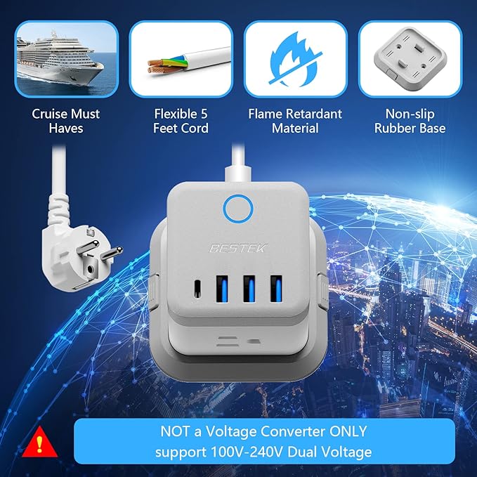 BESTEK European Travel Plug Adapter, Power Strip with USB C PD 20W and 3 USB Ports, 3 Side Wide Outlet Extender, 5ft EU Extension Cord, Detachable Base, Mountable Power Cube