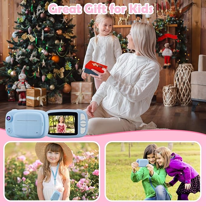 Kids Instant Camera, Mijiaowatch 12MP/1080P Kids Digital Print Camera with 3.5 Inch Cameras for Kids 32GB TF Card, Kids Gift Toys for Ages 3-14 (Blue)