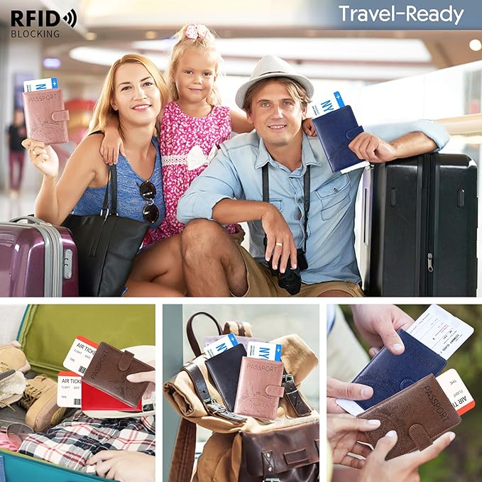 Passport Holder and Card Slot Combo RFID Blocking Leather Family Travel Passport Wallet Travel Accessories for Men Women US Passport Cover (Travel Coffee color)